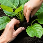 Home 9 정원에서 다년생 식용 식물의 생리학적 이해 - A close-up of a woman's hands, with manicured nails, gently tending to the rich, dark soil around th...