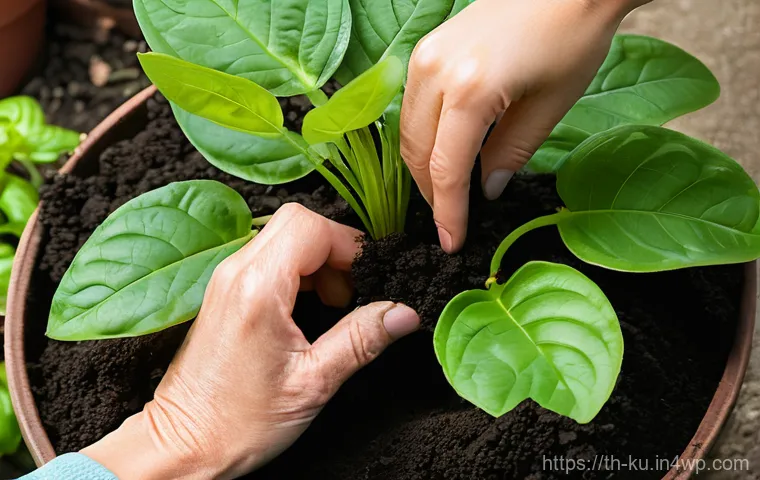 정원에서 다년생 식용 식물의 생리학적 이해 - A close-up of a woman's hands, with manicured nails, gently tending to the rich, dark soil around th...