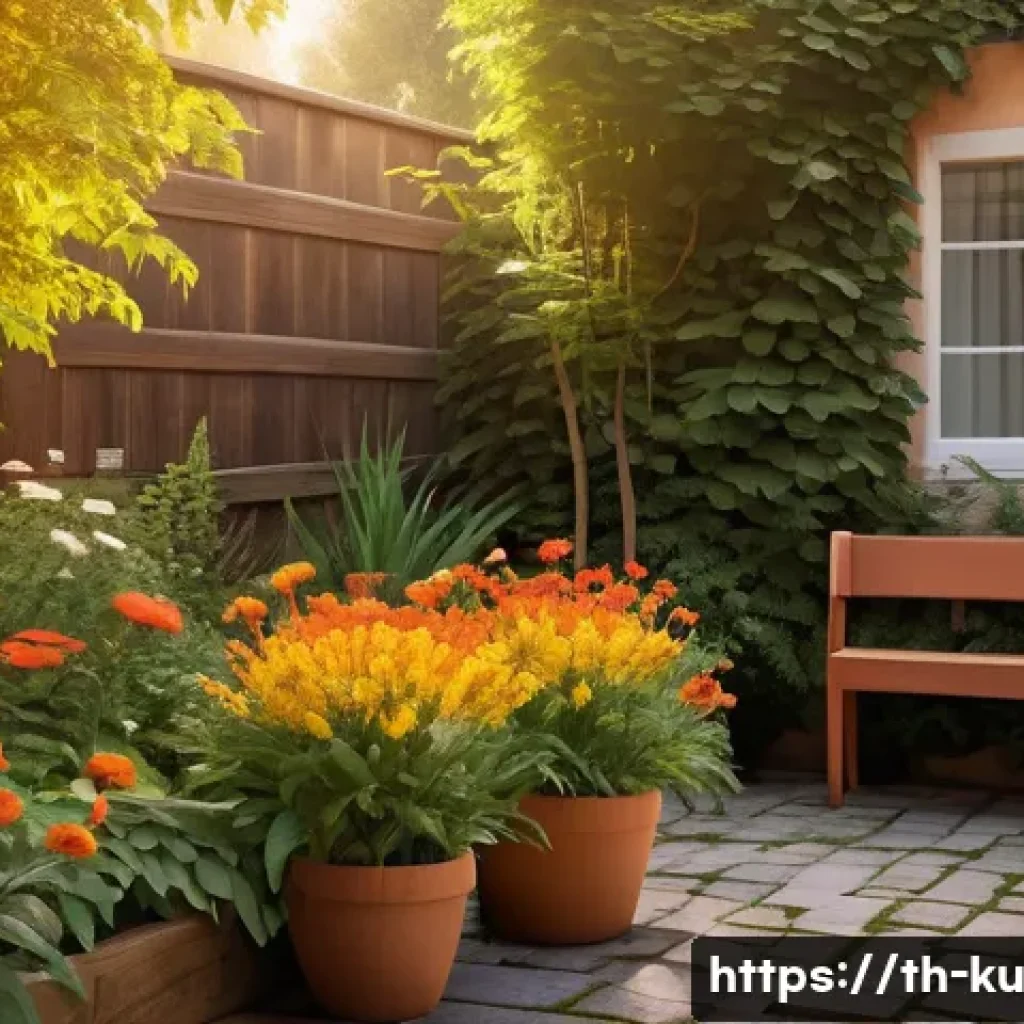 정원 디자인을 위한 색상 조합 아이디어 - A cozy garden scene bathed in warm, soft evening light featuring a variety of orange, golden yellow,...