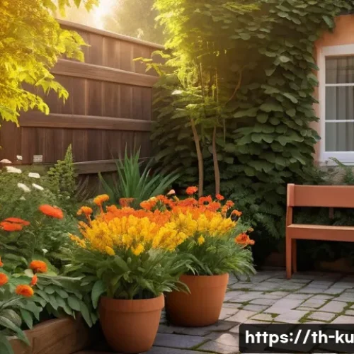 Home 18 정원 디자인을 위한 색상 조합 아이디어 - A cozy garden scene bathed in warm, soft evening light featuring a variety of orange, golden yellow,...