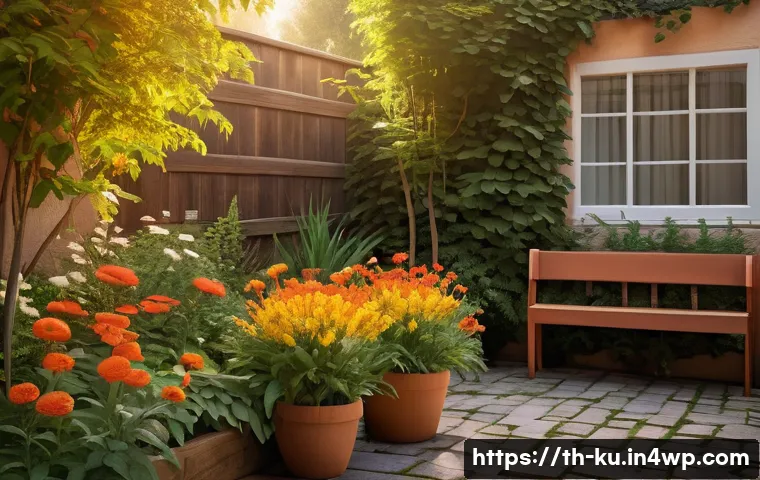 정원 디자인을 위한 색상 조합 아이디어 - A cozy garden scene bathed in warm, soft evening light featuring a variety of orange, golden yellow,...