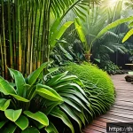 Home 16 정원 설계에서 다년생 식물의 활용 사례 - A serene tropical perennial garden scene in Thailand, showcasing lush green large-leafed ferns, bamb...