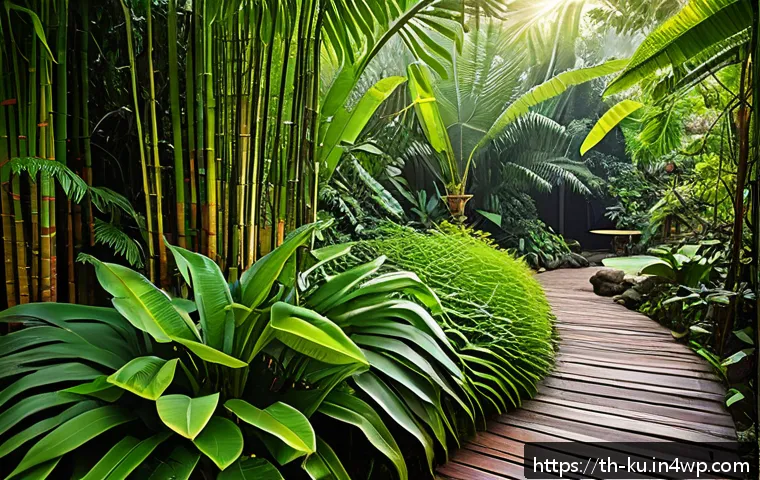 정원 설계에서 다년생 식물의 활용 사례 - A serene tropical perennial garden scene in Thailand, showcasing lush green large-leafed ferns, bamb...