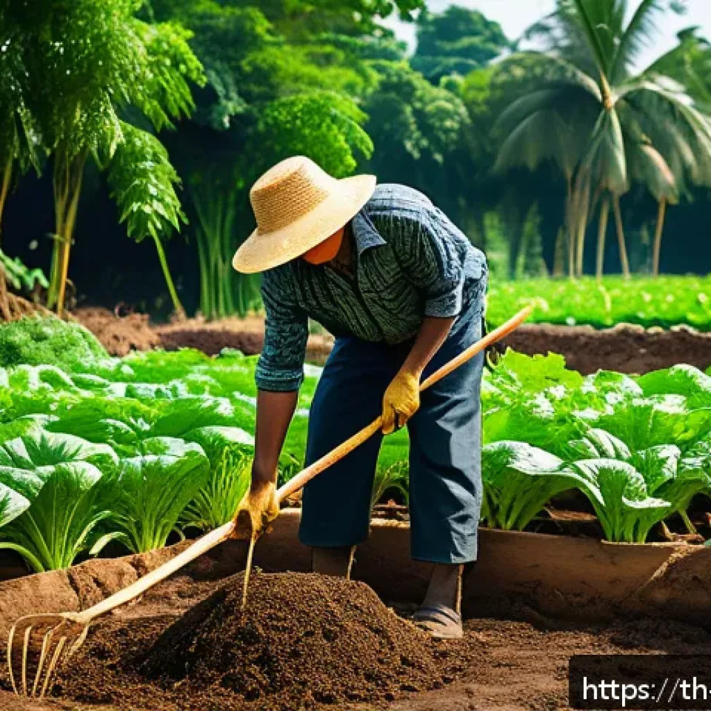 다년생 식용 정원을 위한 토양 준비 방법 - A vibrant organic vegetable garden scene in a Southeast Asian setting, showing a gardener wearing a ...