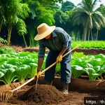 Home 21 다년생 식용 정원을 위한 토양 준비 방법 - A vibrant organic vegetable garden scene in a Southeast Asian setting, showing a gardener wearing a ...