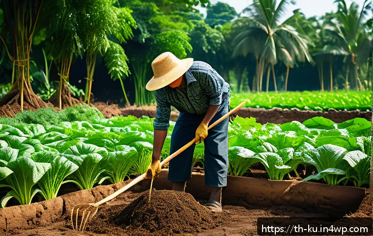 다년생 식용 정원을 위한 토양 준비 방법 - A vibrant organic vegetable garden scene in a Southeast Asian setting, showing a gardener wearing a ...