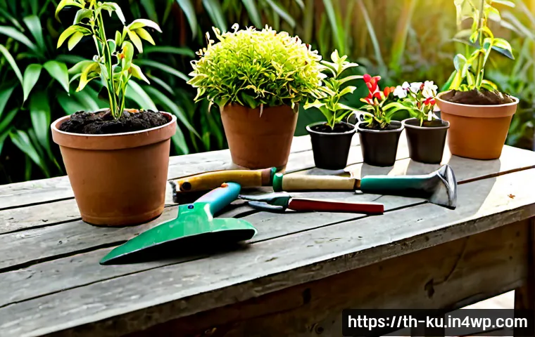 Home 17 정원에서 다년생 식물 키우기 위한 필수 도구 - Photorealistic Thai home garden in the early morning, a neatly arranged essential perennial plant to...
