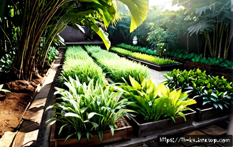 Home 30 다년생 식용 정원의 물리적 환경 조정 방법 - Photorealistic tropical perennial edible garden in Thailand, neatly arranged raised beds with mature...
