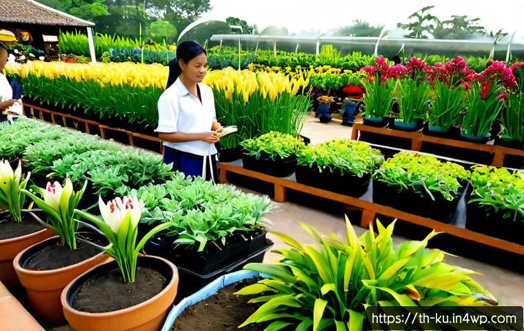 Home 17 정원을 위한 다년생 식물의 시장 동향 - Photorealistic Thai garden center in the early morning, neatly arranged rows of vibrant perennial fl...