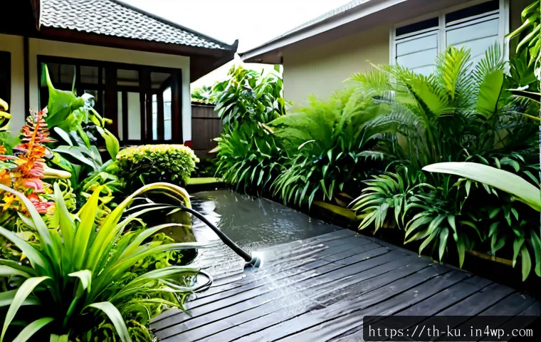 정원 설계에서 다년생 식물의 혜택 - Photorealistic tropical Thai home garden filled with established perennial plants, lush flowering sh...