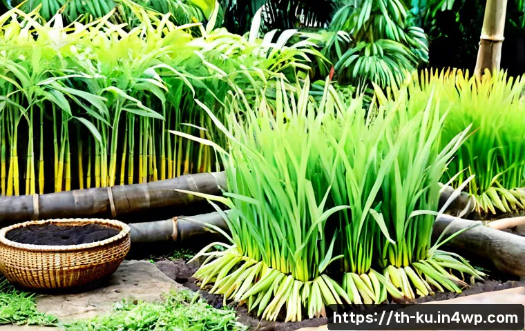 Home 17 다년생 식용 식물 종류 및 특성 - Photorealistic Thai home garden featuring thriving perennial edible plants: lemongrass clumps, galan...