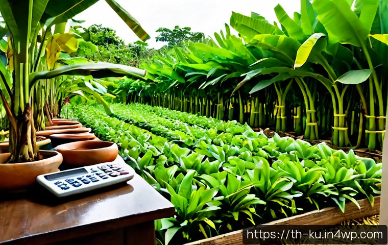 Home 17 다년생 식용 정원의 경제적 가치 분석 - Photorealistic wide-angle view of a thriving perennial edible garden in suburban Thailand, neat rows...